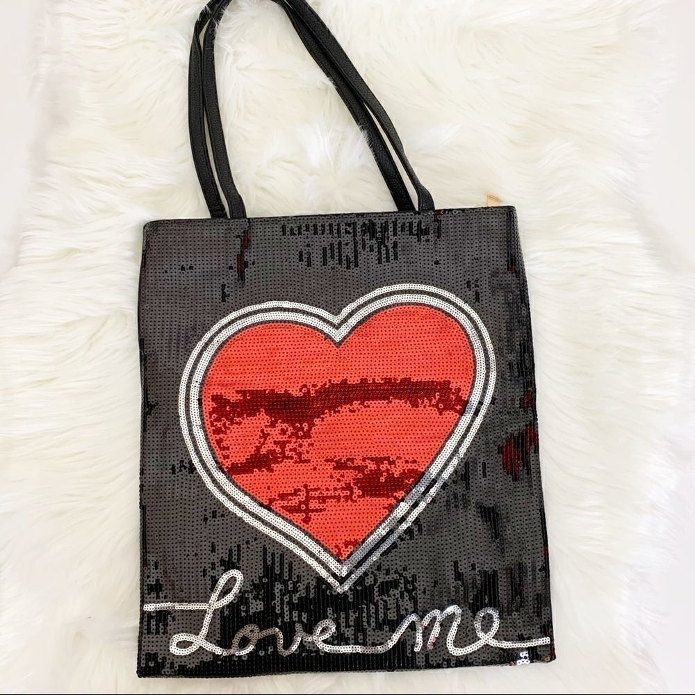 Love Me Fashion Sequin Tote Bag, Black/Red